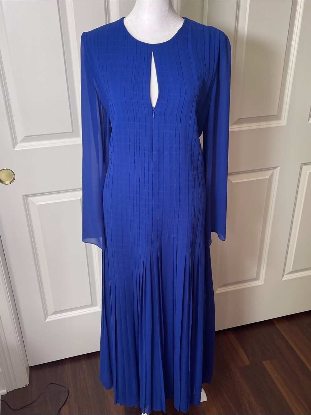 Akris Silk Chiffon Pleated Evening Gown Round Neck Long Sleeve Royal Cobalt Blue